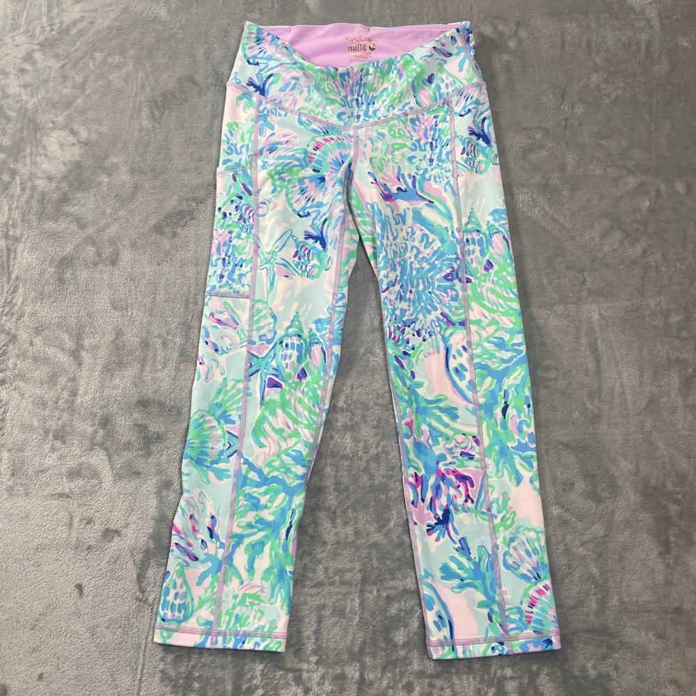 Lilly Pulitzer Leggings XS Luxletic Mermaid Cove Crop Blue Pink Green Pockets
